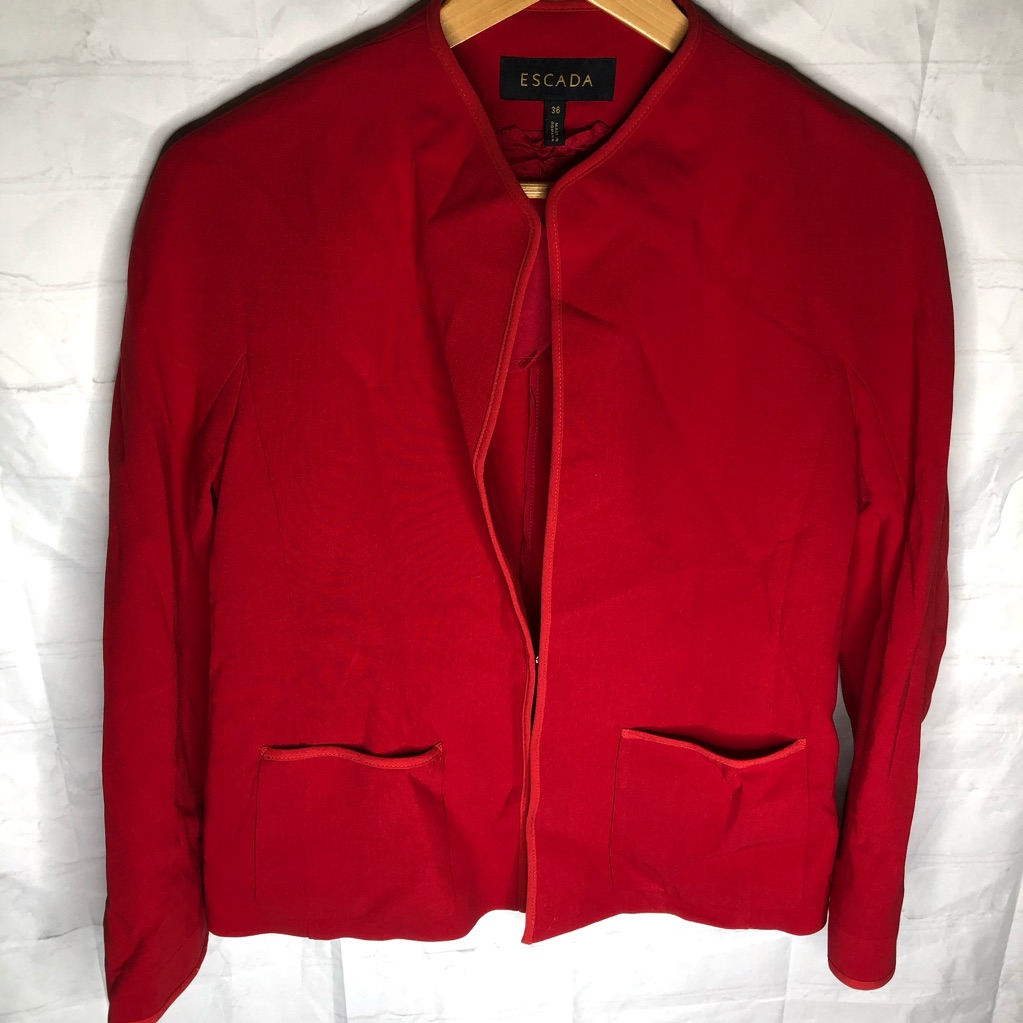 Escada Virgin Wool Hook And Eye Closure Blazer Jacket Red Collarless Eur 36 Us 6